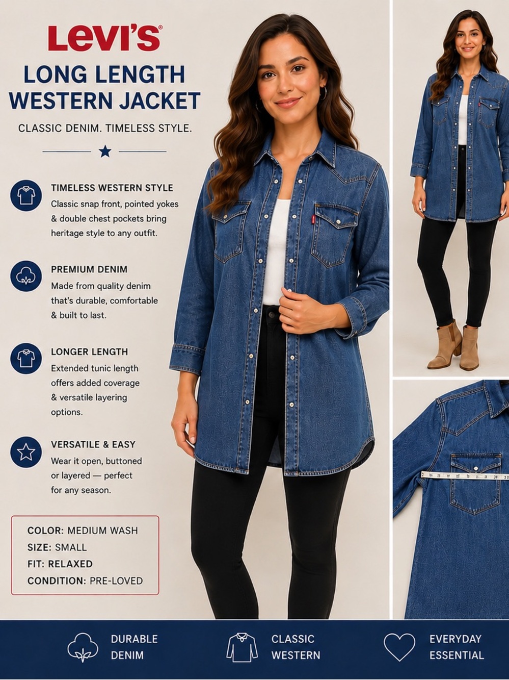 Levi's Long Denim Jacket Pearl Snaps Western Rodeo Womans Sz Small